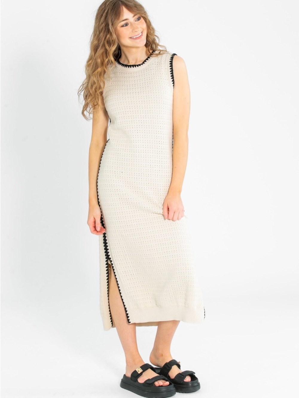 Varley Beige Knit Sleeveless Midi Dress with Black Trim